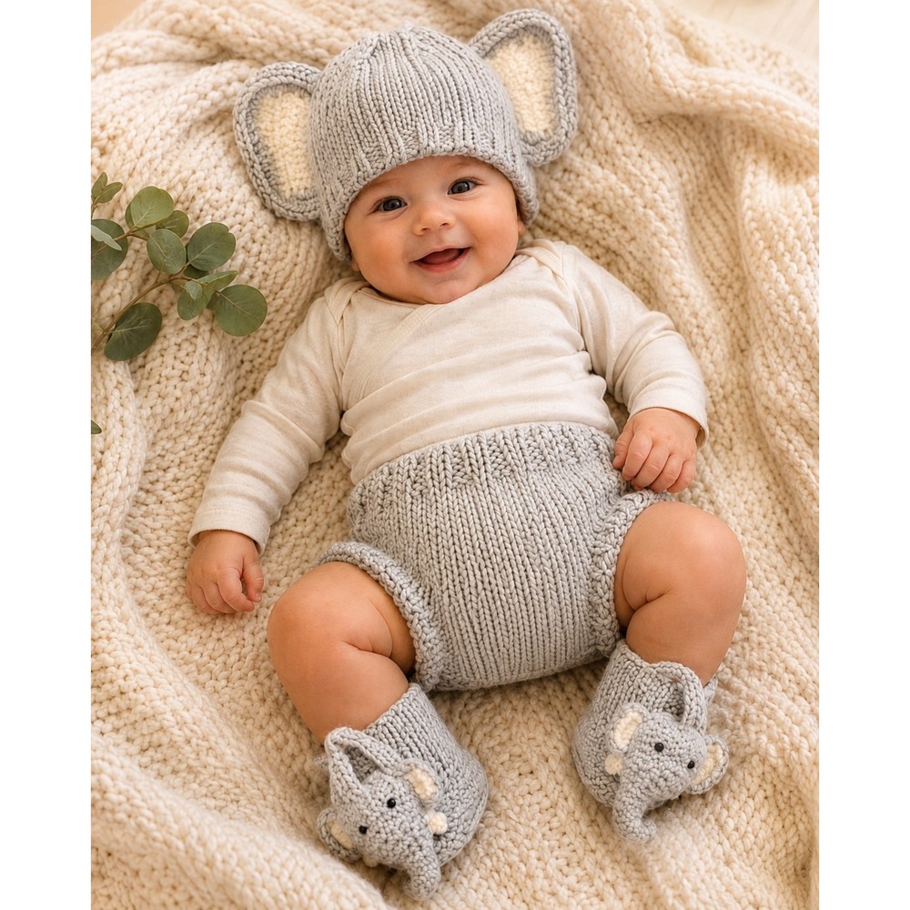 So Dorable Handmade Elephant Knit Set 3-6M Grey Hatโ Diaper Cover Booties Set